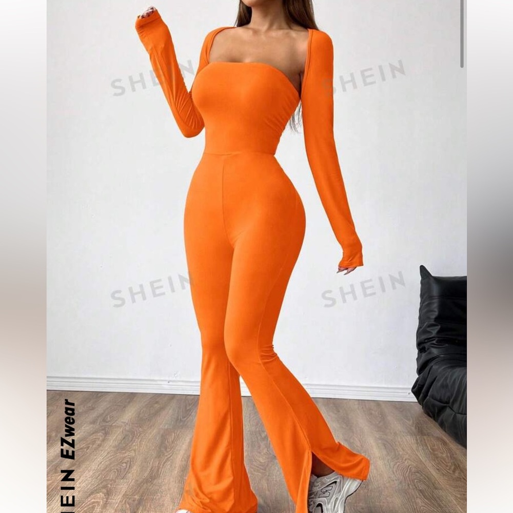 SHEIN EZwear Split Hem Tube Flare Leg Jumpsuit & Crop Bolero